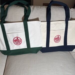 Trader Joe's Large Canvas Tote Bag Set of 2. Green and Navy NEW